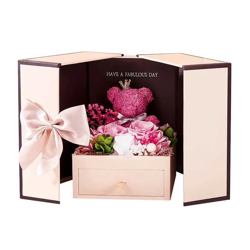 Elegant Floral Gift Box with Pink Roses and Pink Bear - Perfect for Special Occasions - Have a Fabulous Day Message
