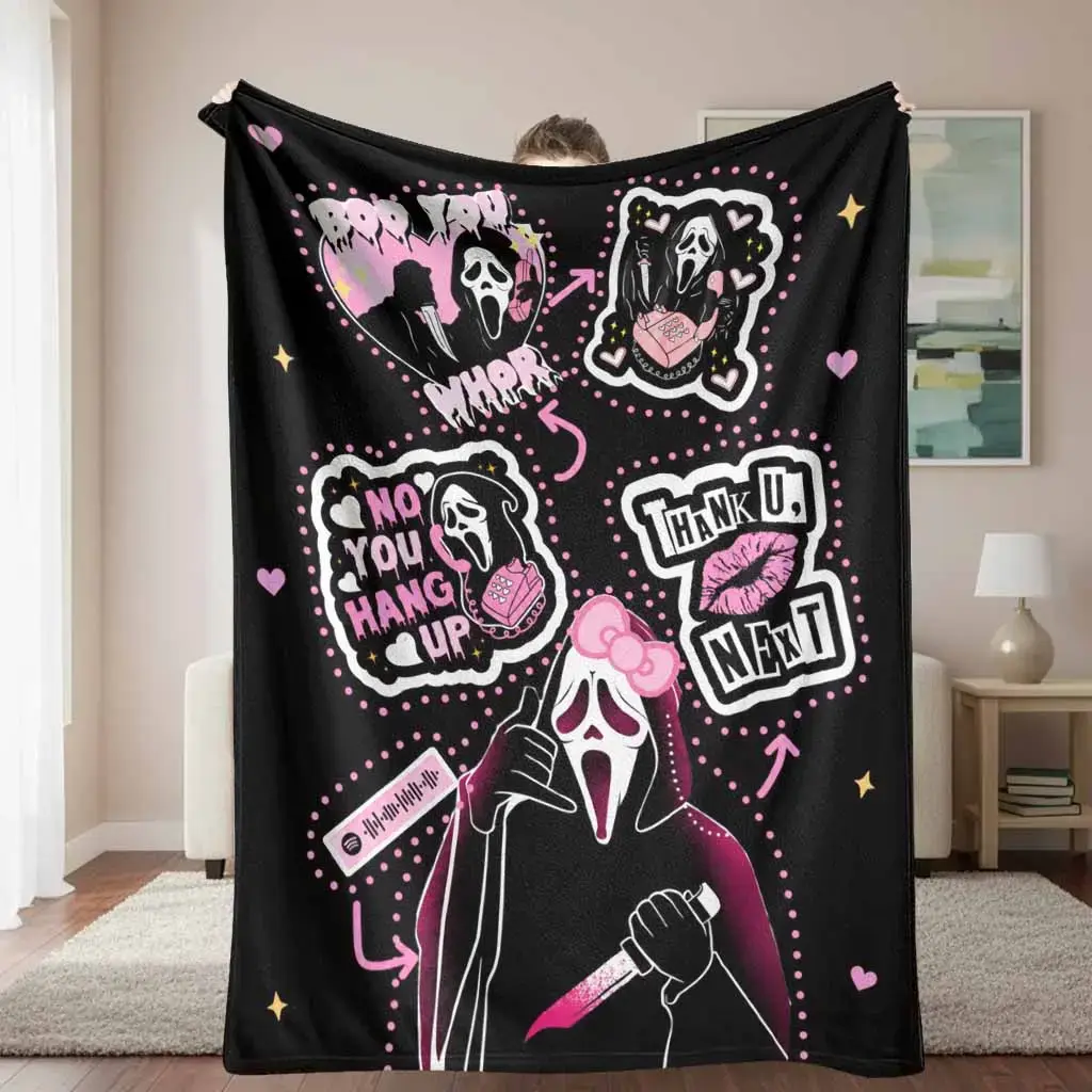 Ghostface Flannel Throw Blanket Pink Horror Aesthetic Print Wrinkle Resistant Durable Breathable Machine Washable Cozy Soft Lightweight Plush Blanket for Sofa Bed Bedroom Halloween Spooky Gothic Bedding