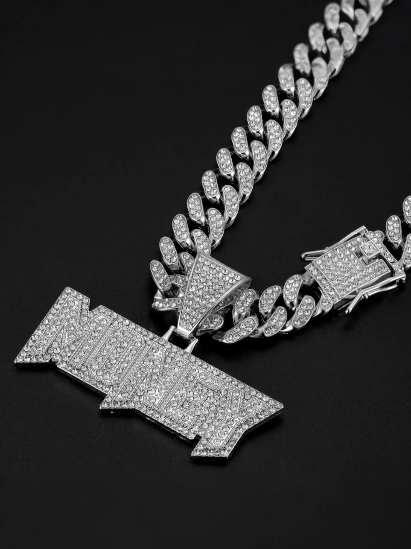 Hip Hop Full Diamond Money Letter Pendant Necklace, Alloy Chain Street Style Art Culture Jewelry, Unisex Fashion Accessory, Rhinestone Necklace, Iced Out Jewelry