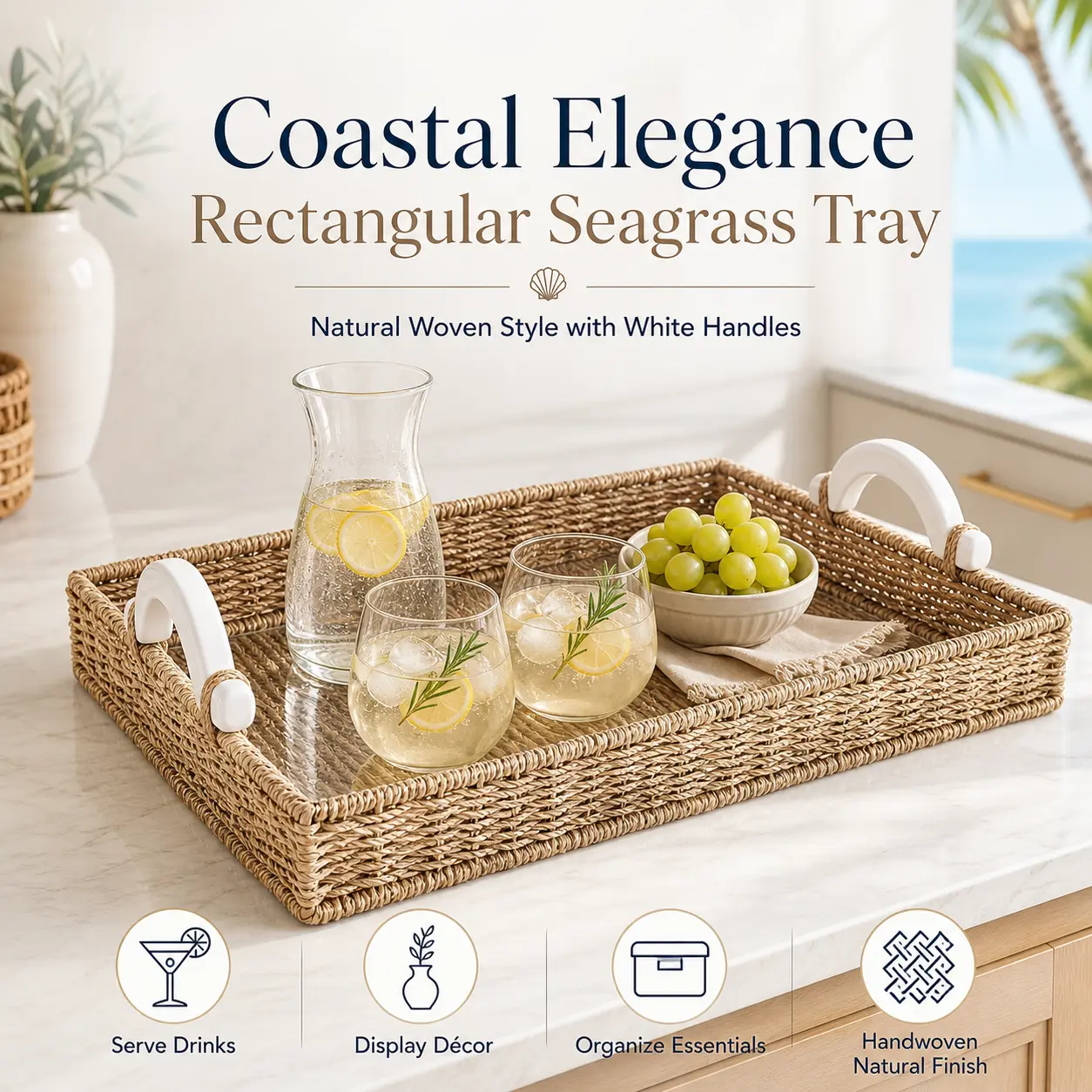 Coastal Elegance Rectangular Seagrass Tray with White Handles Natural Woven Texture Decorative Serving Organizer Basket