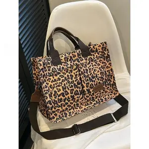 Women's Leopard Print PU Tote Satchel Nylon Fabric Leisure Outdoor Handbag with Letter Patch Decor Adjustable Strap Zip Closure Polyester Lining Casual Commuter Shoulder Bag Crossbody Tote Bag Crossbody Clutch Purse