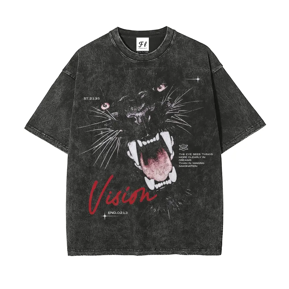 Men's T-Shirt in Heavyweight 260g Vintage Washed Cotton, Roaring Panther Graphic, Oversized Streetwear Aesthetic for All Seasons, Shortsleeve, Fabric, Fashion Apparel, Vintage Washed Look, Casual