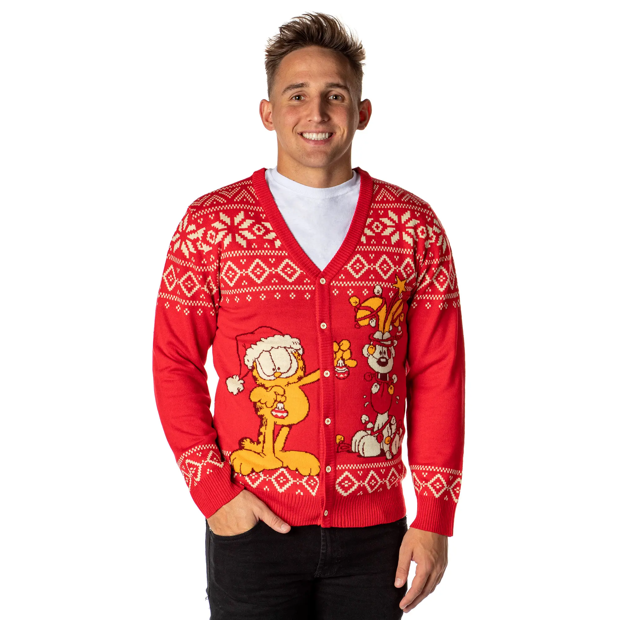 Garfield Men's Odie and Garfield Christmas Ugly Sweater Button-Up Knit Cardigan