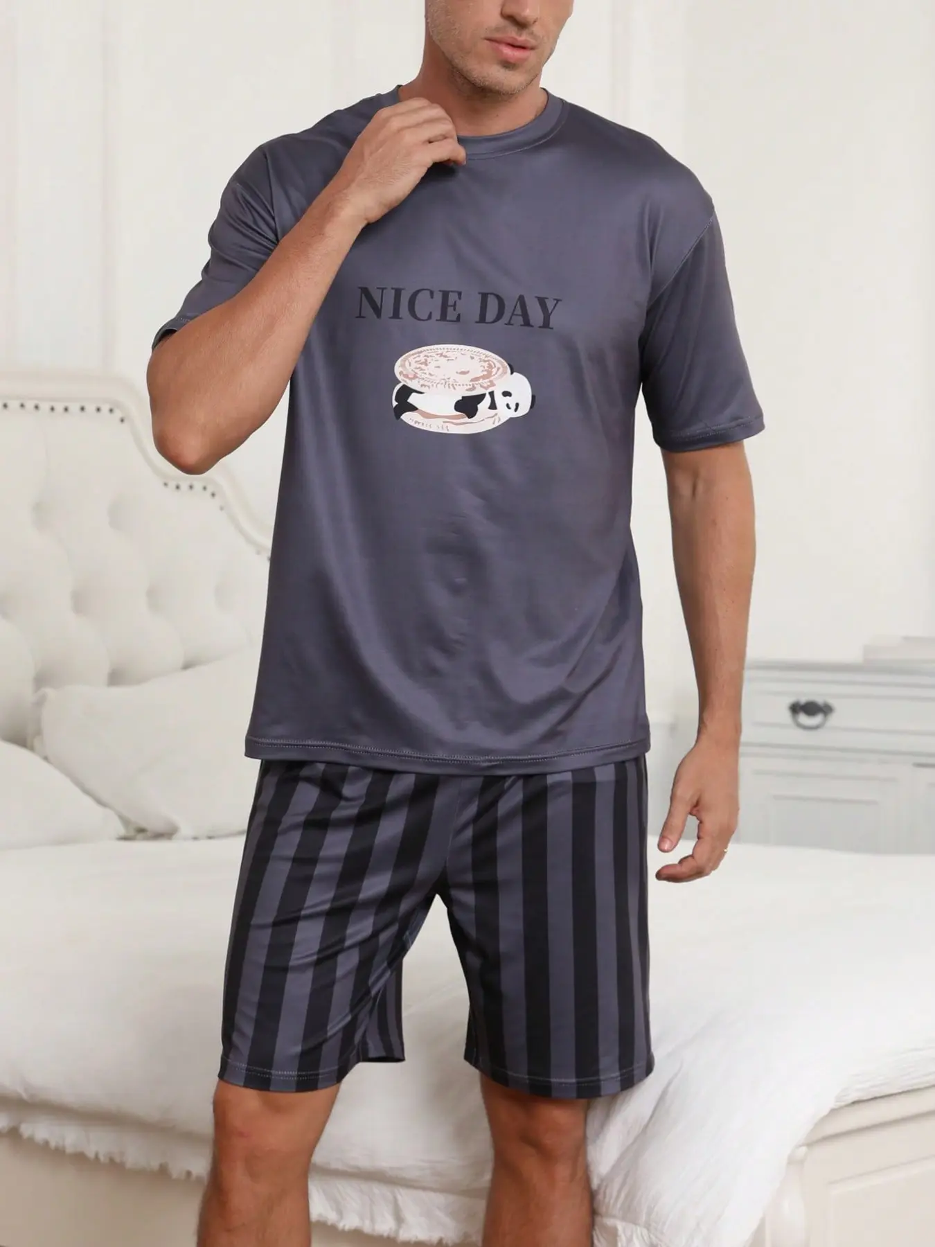 Men's Round Neck Cartoon Print Pajama Set, Comfortable Sleepwear and Loungewear with Matching Top and Bottoms, Casual Nightwear for Men, Pjs