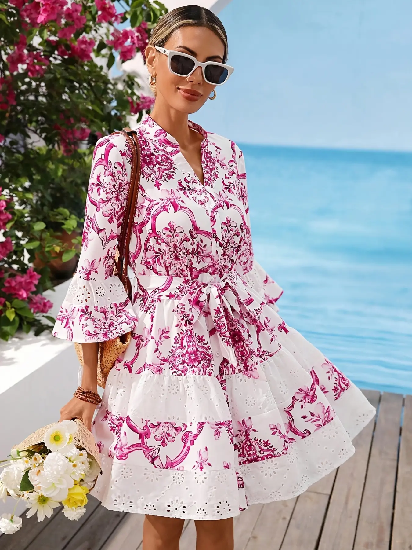 Women's Fashion Print Waist-Cinch Short Dress, Eye-Catching Print, Accentuates Waistline, Perfect for Office, Shopping, Outdoor Activities