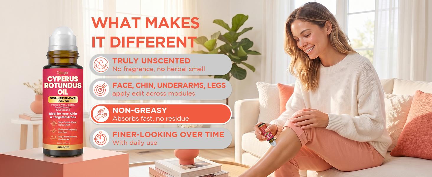 Okaga Cyperus Rotundus Oil | Natural Post-Hair Removal Roll-On | Armpit, Face, Chin, & Targeted Areas | Unscented | 60mL