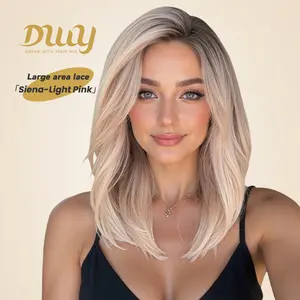 Siena C-DWY 13×6 Free Part Lace Shoulder Length Light Pink Blonde with Dark Roots Glueless Synthetic Wig for Women 16 Inches