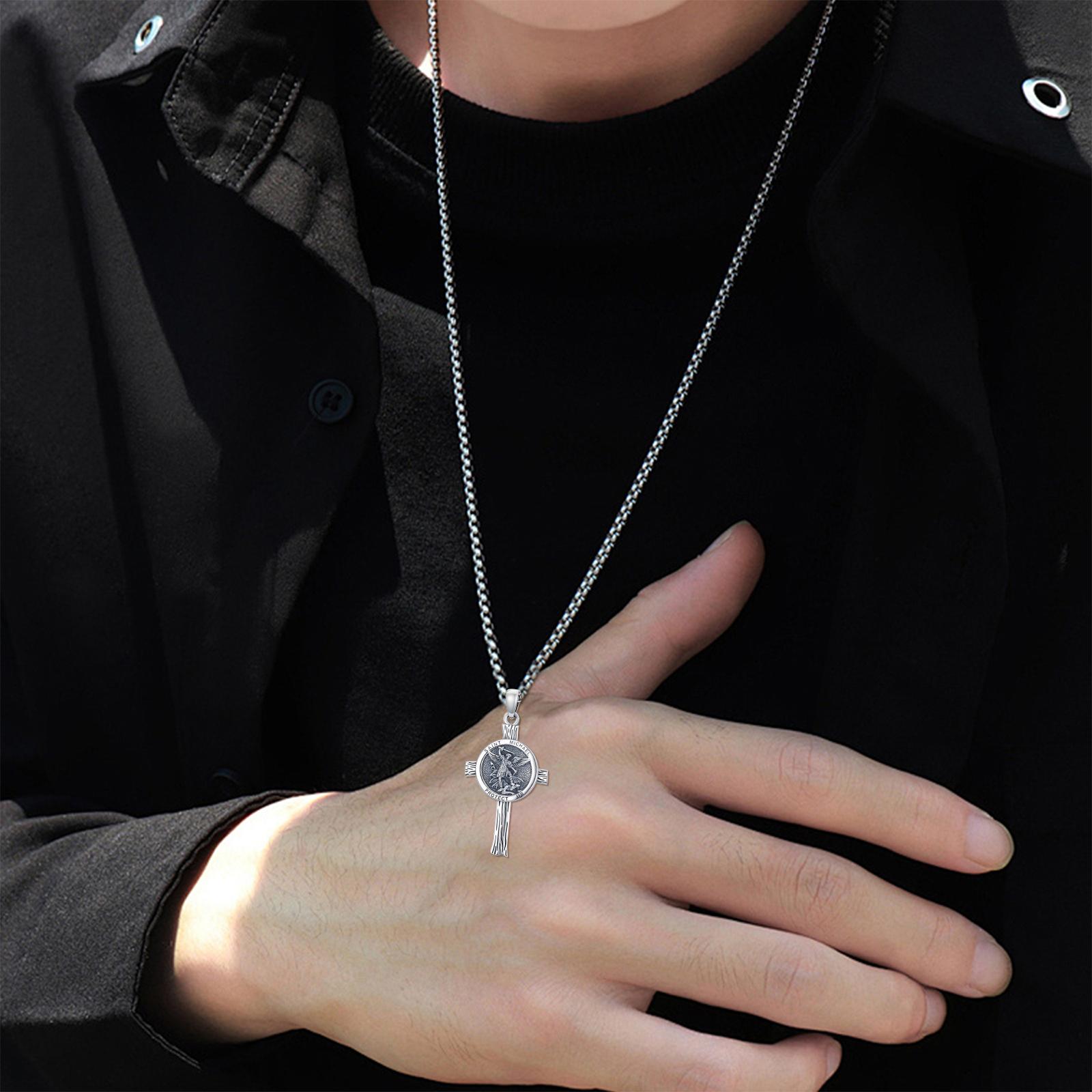 MEIDERBO Dream Chaser Saint Michael Cross Necklace for Men 925 Sterling Silver Oxidized Finish Archangel Protector Pendant Captain Steel Style Stainless Steel Bead Chain 22+2 Inch