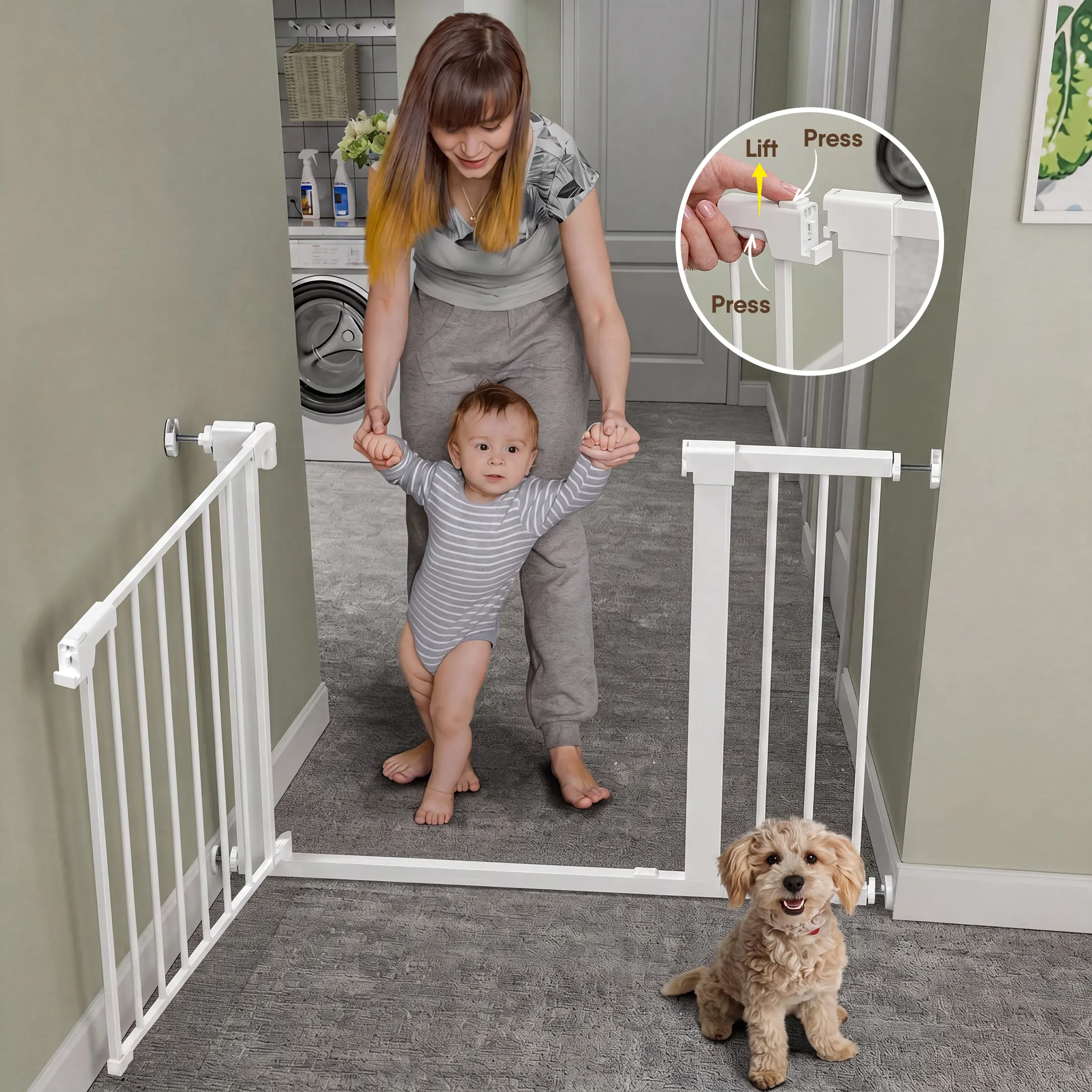 Auto-Close Baby Safety Gate - 30" Height, Dual Lock, Fits 29.5-46.1" Stair & Doorway Openings, Walk Through Safety Gate, Door & Stair Baby Gates, Extra Wide Dog Gate, #tiktokshopbacktoschool sohochic
