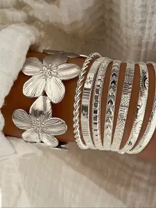 8-Piece Bracelet Set, Elegant Hollow Floral Open Adjustable Bangle, Women's Fashion Jewelry, Perfect for Daily Wear, Gifts, Flower Design Bracelet