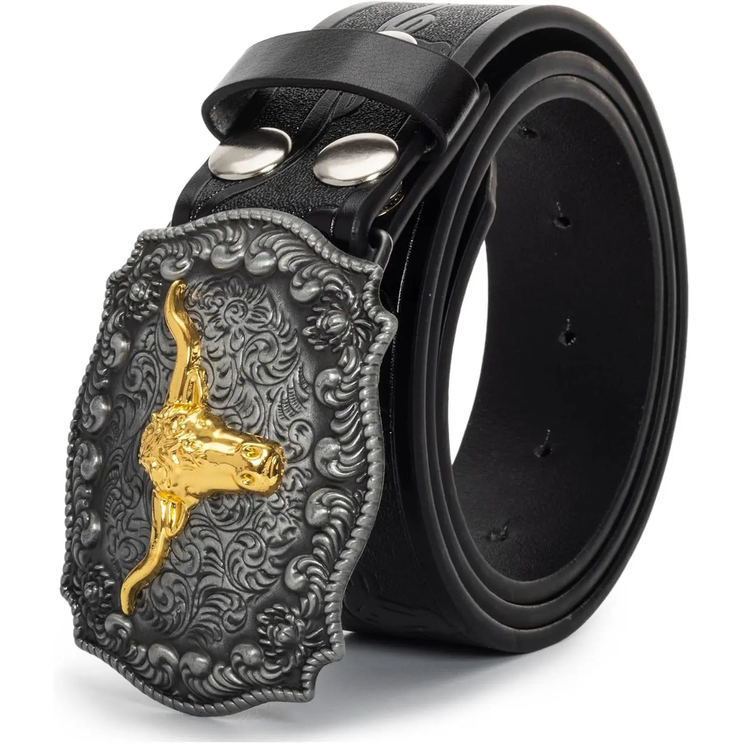 Western PU Leather Waist Belt for Men and Women, Fashion Belt for Jeans with Engraved Floral Longhorn Bull Buckle