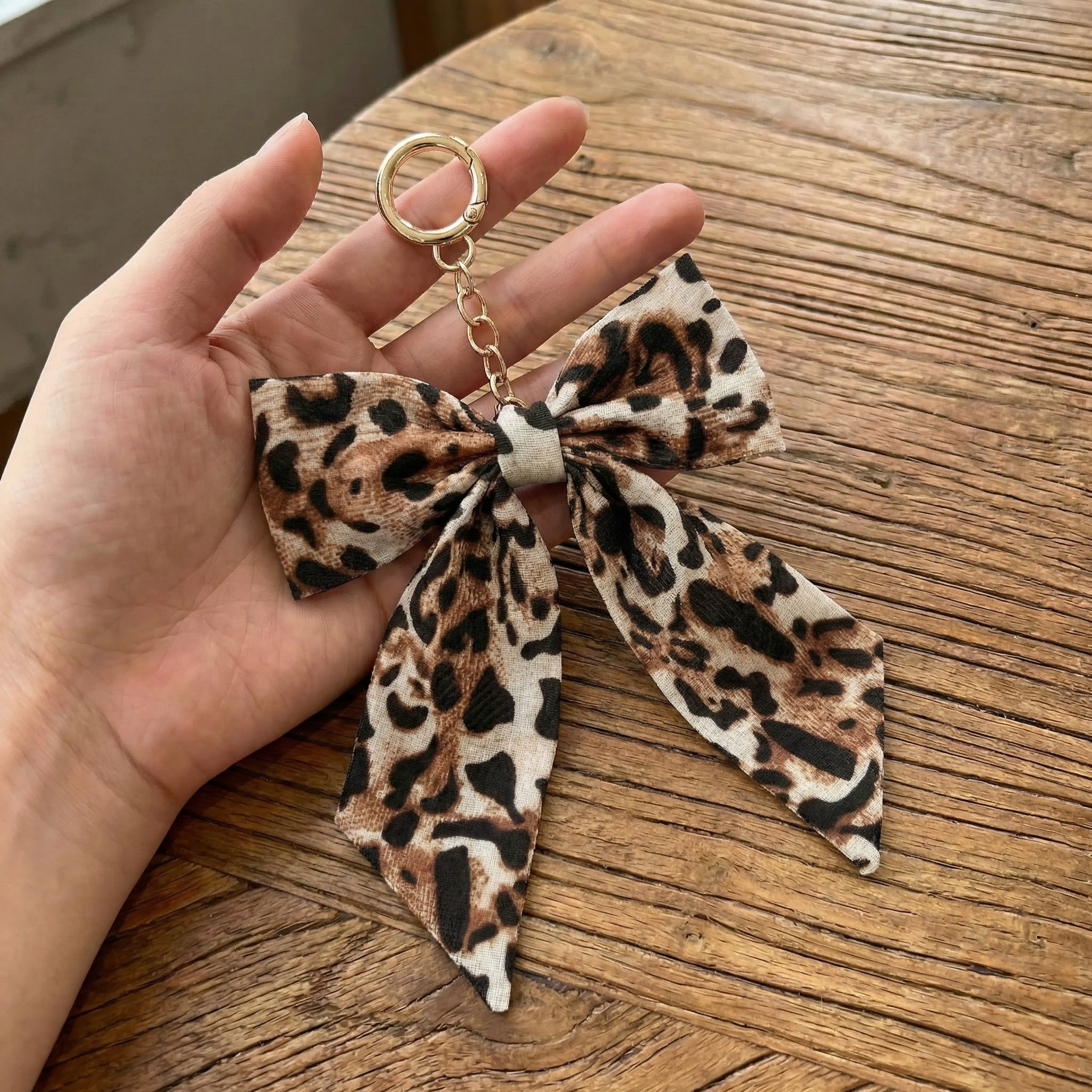 Naviconvex Leopard Print Bow Backpack Charm - Textured Fabric Fashion Bag Charm with Gold Metal Clasp Secure Clip, Cute Ribbon Keychain for Women, Backpack Accessories Luggage & Bag Upgrade, Fashion Bag Charms
