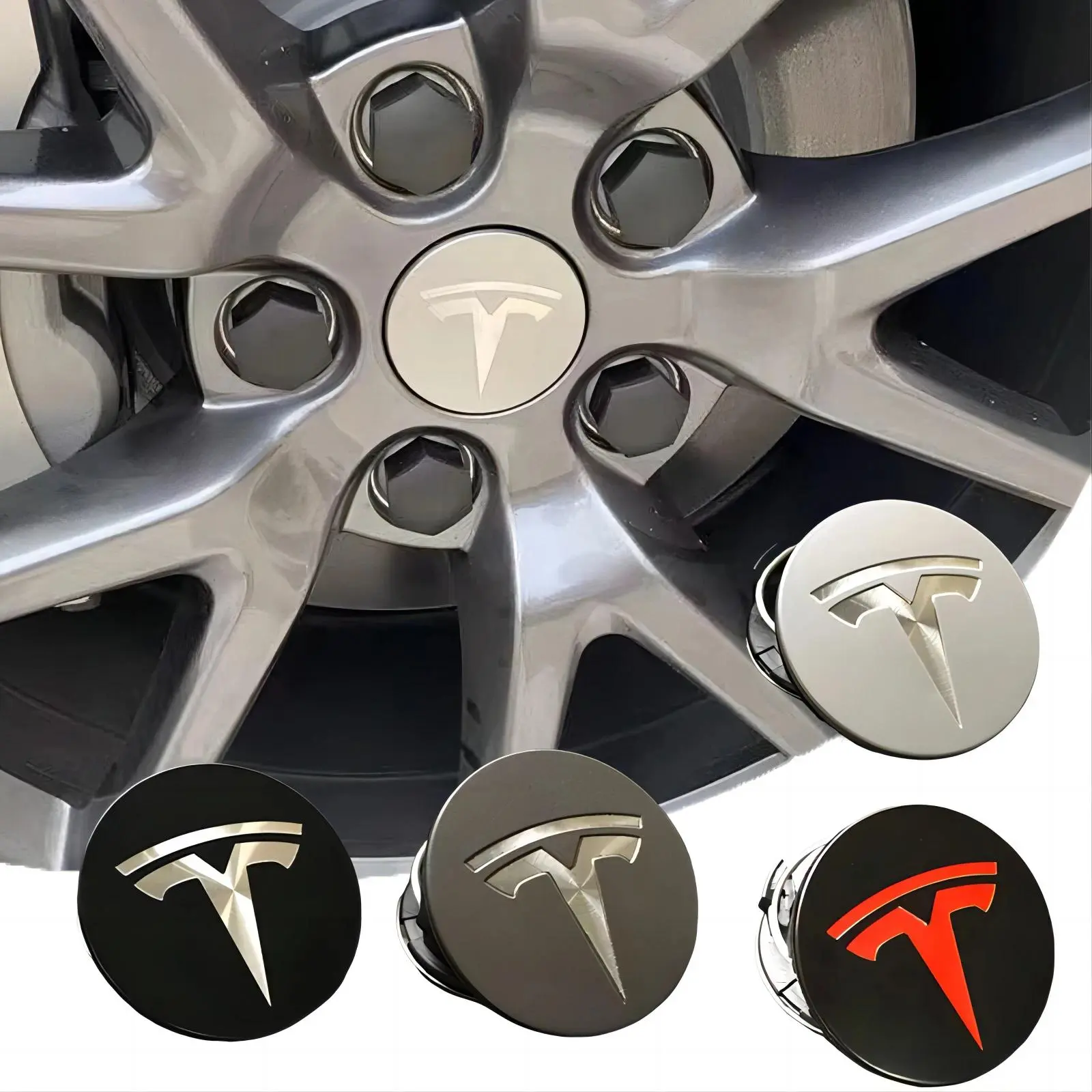 4pcs Tesla Model 3 & Model Y HUB Cap Badges, 56mm Wheel Center Covers for Model Y/x/s, Stylish Car Accessories, Durable Material, Sticker For Cars, Stylish Car Merch