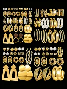 Fashion Elegant Pearl Flower Butterfly Heart Shapes Geometric Round Irregular Wide Face Exaggerated Metal Earrings Set, Holiday Party Gift, Fashionable Jewelry