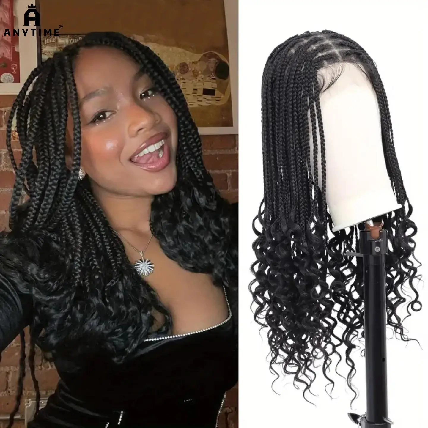 Women's Handcrafted Lace Front Synthetic Braided Wig, Mid-Length with Curly Ends, Heat Resistant, Breathable, Comfortable, Ideal for Daily Wear, Hand-Woven, Hair Tie Included, Heat Resistant Wig