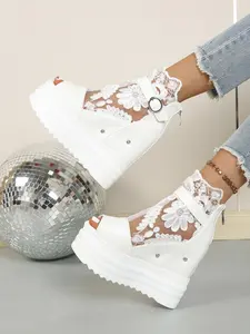 Women's 12CM Total Height Lift Platform Sandals (6CM Hidden Wedge + 6CM Heel) | Gothic Romantic Dark Fairy Style | Floral Lace Embroidered Mesh Upper Peep Toe Adjustable Buckle Back Zipper Non-slip Thick Sole Breathable Ankle Boots | For Ladies Daily Wear