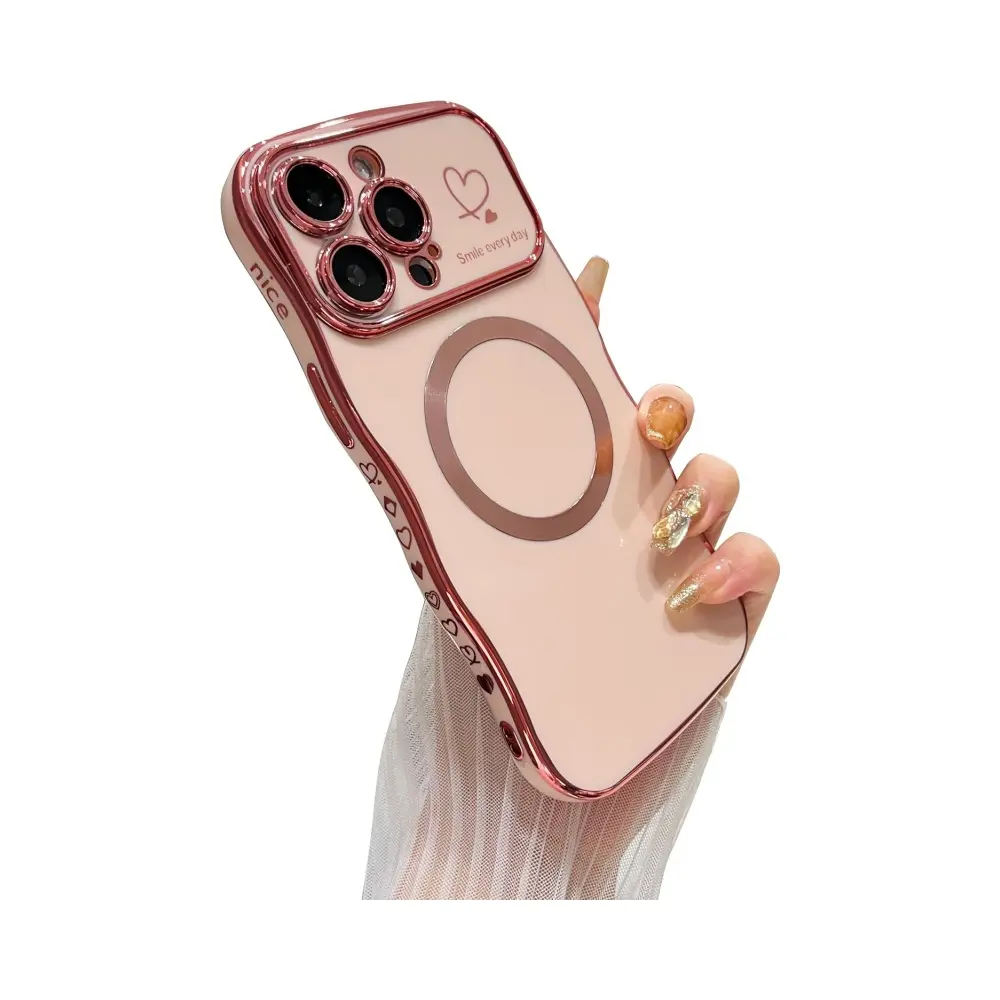 Magnetic Case for iPhone 17 Pro Max 16 15 14 13 12 Compatible with MagSafe,Curly Wave Plating Wavy Frame Cute Heart Cover,Full Camera Protection Soft Durable TPU Shockproof Phone Case for Women Girls