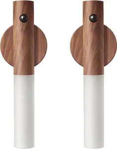 Wooden Motion Sensor Lights Indoor, Magnet Body Hallway Rechargeable LED Wireless Battery Operated Wall Sconce, Portable Decor Torch Night Lighting for Bedroom (Walnut Wood 2PCS)
