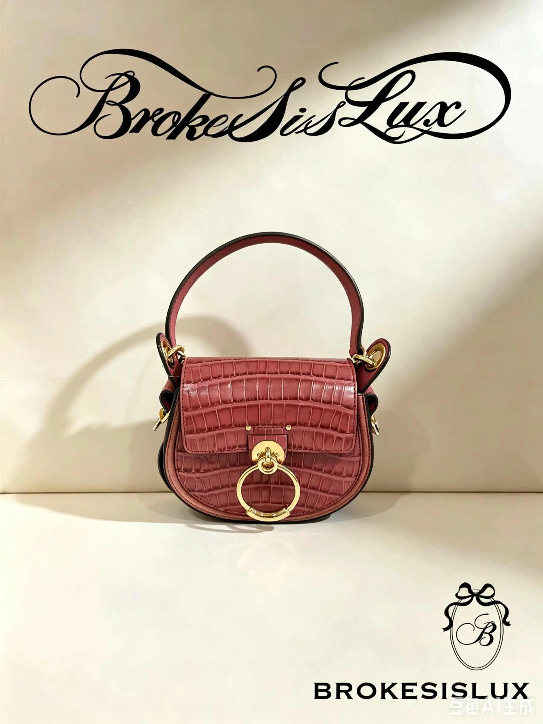 Pre-owned Chloé Mini Tess Saddle Bag, Dusty Pink Embossed Calfskin, Oversized Gold Metal Ring Turn Lock, Short Matching Leather Top Handle, Detachable Crossbody Strap, Gold Hardware