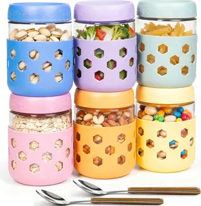 6-Pack 16 oz Airtight Glass Overnight Oats Jars with Lids & Silicone Sleeves - Kitchen Household Products, Wide Mouth Meal Prep Containers for Chia Pudding, Yogurt, Dishwasher Safe Food Storage