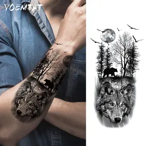Waterproof Temporary Tattoo Stickers, Forest Moon Wolf Bear Bird Body Paint, Arm Fake Tattoos Sleeves, Unisex Adults, Tattoo Outlines