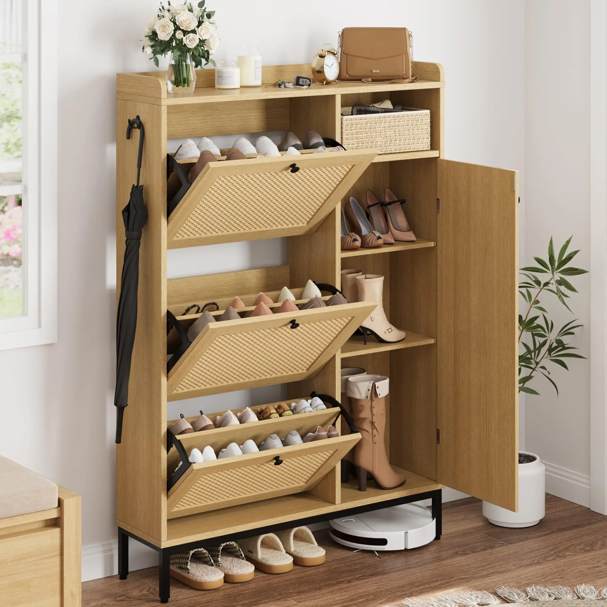Shoe Cabinet Rattan with 3 Flip Drawers and 4-Tier Shoe , Freestanding Shoe Organizer with Adjustable Shelves for , Closet Metal Racks storage cabinet entryway