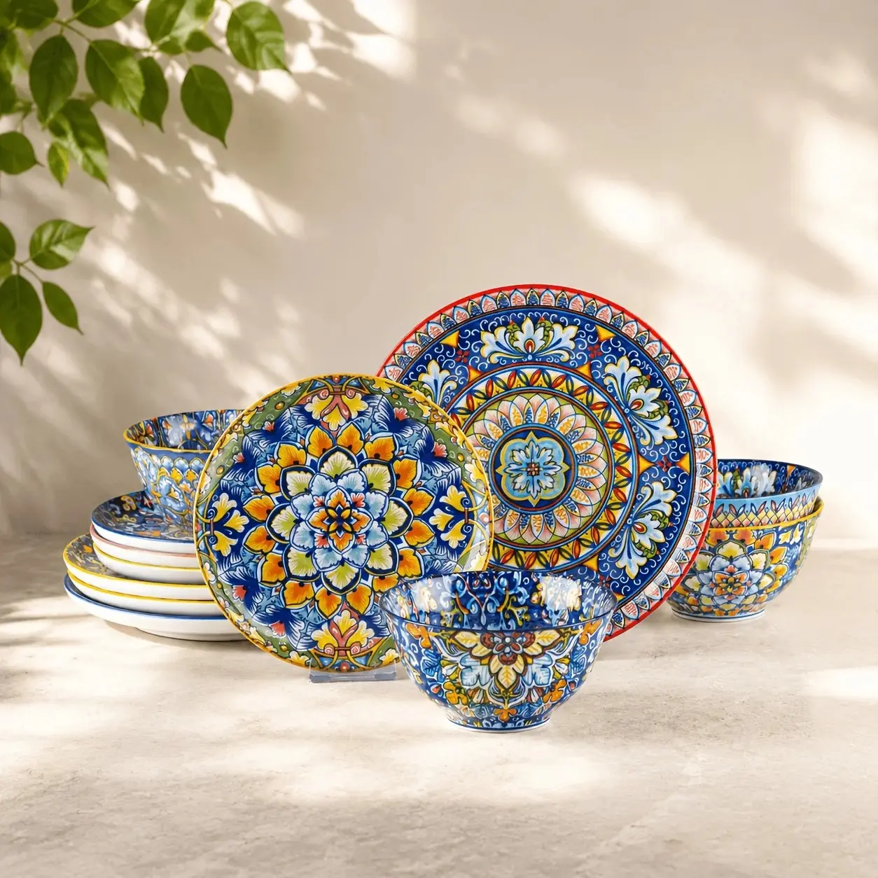 Ceramic Tableware Dinnerware Sets - 12/24-Piece Hand-Painted Plates & Bowls for 4/8 People, Vibrant Mediterranean Style, Microwave/Dishwasher/Oven Safe, Stackable