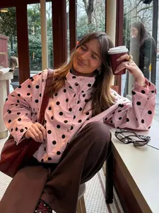Pink Polka Dot Bomber Jackets For Women Zipper Casual Varsity Jackets Woman Summer Loose Womens Coats Long Sleeve Outerwears