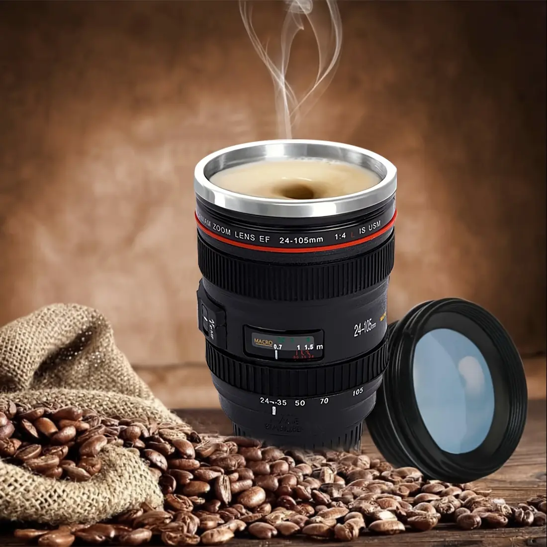 Camera Lens Coffee Mug, Stainless Steel Drinkware & BPA-Free Abs Plastic, Thermal Cup, Thermal Flask, Insulated Travel Drinkware, Multifunctional Travel Cup with Retractable Lid, Insulated Water Cup, Ideal Gift for Photographers