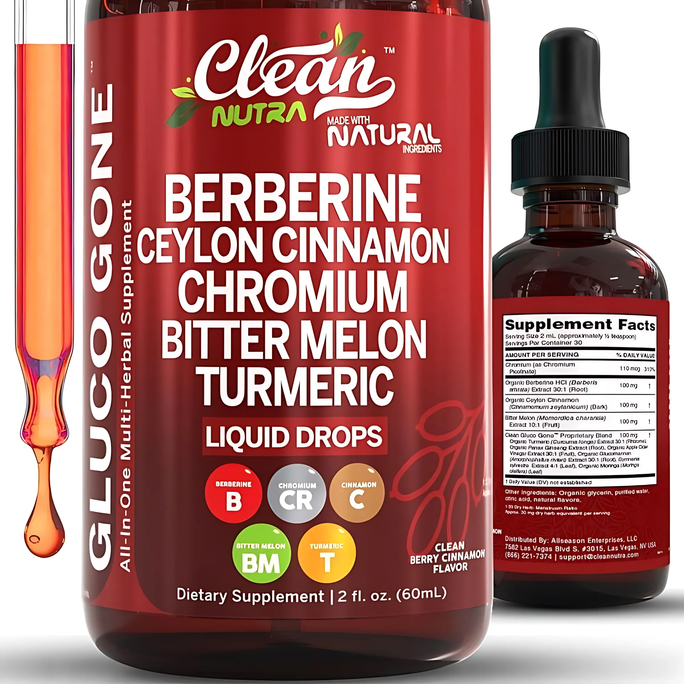 Clean Nutra Berberine, Ceylon Cinnamon,Chromium, Bitter Melon, Turmeric, Glucomannan,Gymnema & More for Natural Wellness LiquidDrop - Gluco Tone