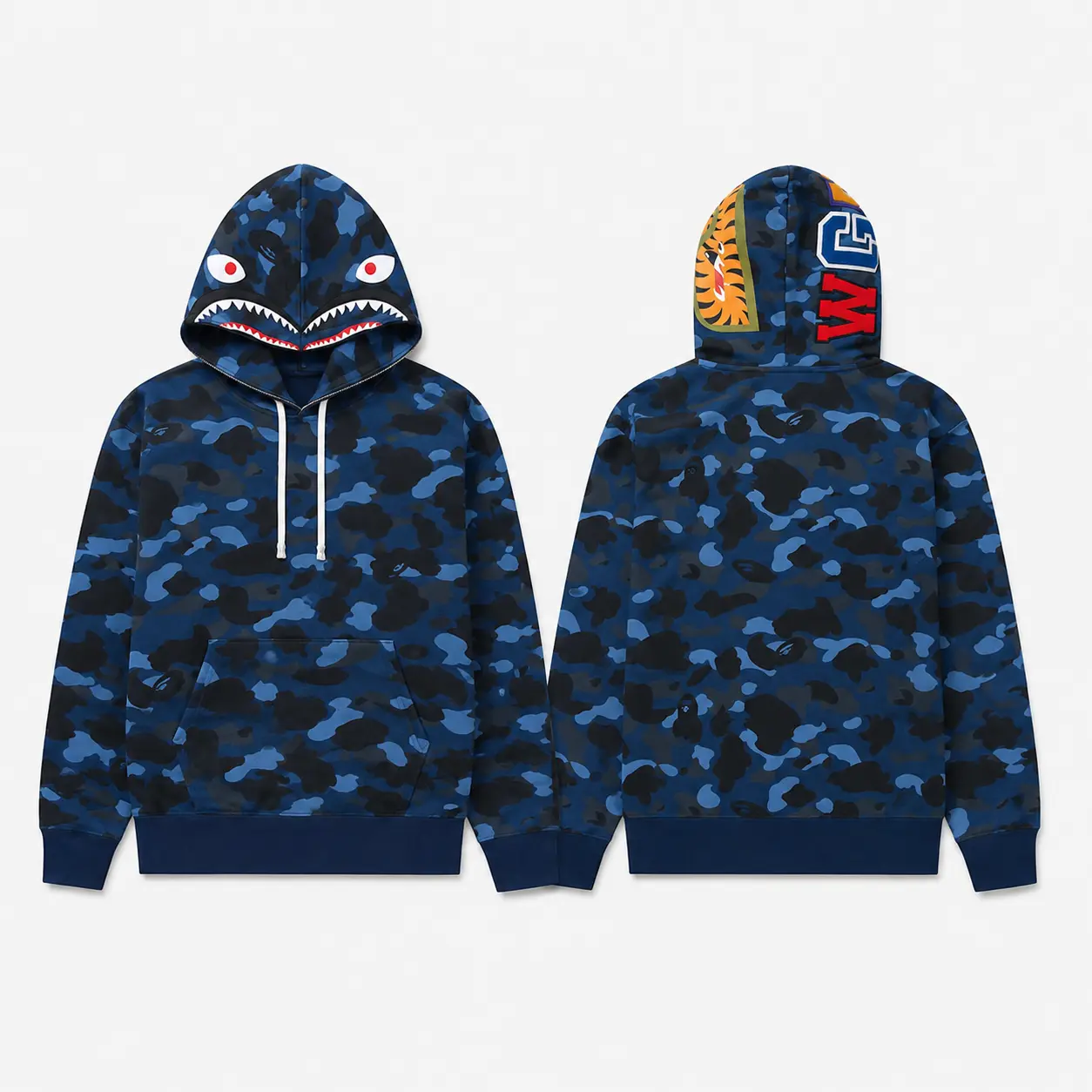 BAPE Shark Camo Pullover Hoodie, Men's Graphic Streetwear Sweatshirt with Shark Face Hood and Ape Head Details