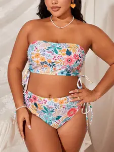 【Plus Size】 Floral Print Bikini Set, Casual Drawstring Swim Top & Swim Bottom, Women's Swimsuit for Beach Holiday Vacation, Swim Kit, Modest Swimming Wear, Tankini Outfit