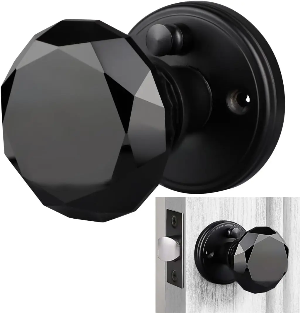 Luxury Black Farmhouse Antique Style Door Knob with Lock - 1 Pack Interior Glass Door Knobs Set, Antique Cut, 2-3/8" & 2-3/4" Backsets, Decorative Handle for Bedroom, Bathroom, Durability & Luxury, Doorknobs