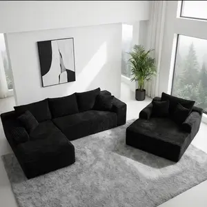 Modern Luxe Black Corduroy Sectional Sofa Set
