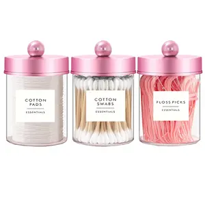 3/4/6 Pack Clear Storage Box Canister Qtip Holder Apothecary Jars with Pink Lids, Bathroom Essentials Accessories, Bathroom Organizers for Cotton Balls,Swabs,Floss Picks,Hair Ties, Vintage Bathroom Decor Jar Set