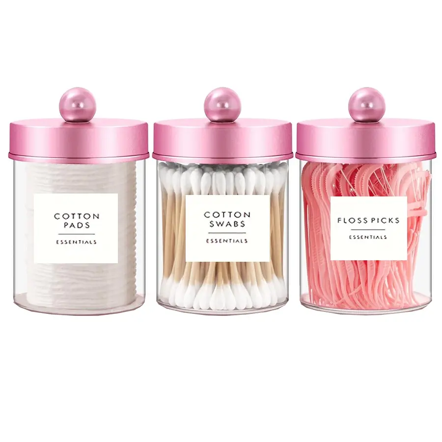 3/4/6 Pack Clear Container Storage Box Canister Qtip Holder Apothecary Jars with Pink Lids, Bathroom Essentials Accessories, Modern Bathroom Accessories, Bathroom Organizers for Cotton Balls,Swabs,Floss Picks,Hair Ties, Vintage Bathroom Decor Jar Set