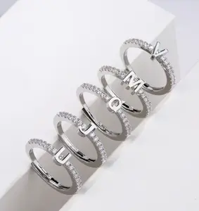 Icy Silver Initial Adjustable Ring - Copper Material with Elegant Design for Versatile Wear Customizable Fit Durable