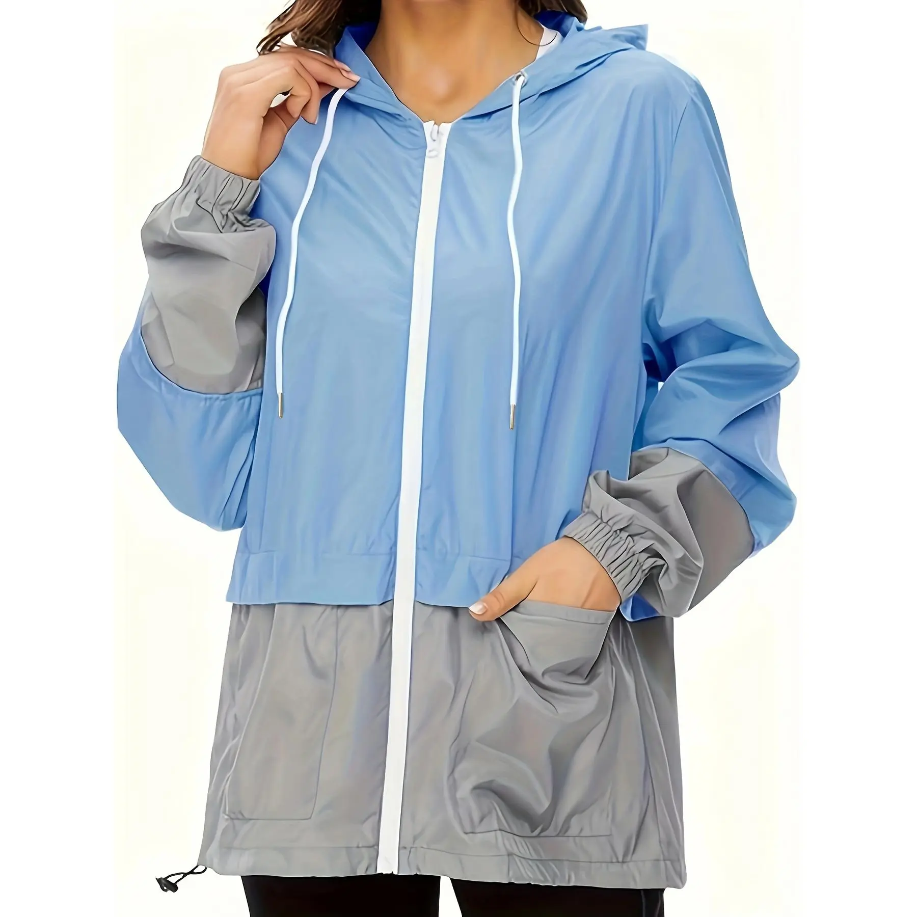 Women's Plus Size Color Block Rain Coat - Lightweight Water-Resistant Hooded Outerwear with Drawstring, Available in 1XL, 4XL, 5XL, Casual, Colorblock, Polyester, Do Not Dry Clean, Jackets, Hooded Jacket, Drawstring Hem, Outdoor Wear