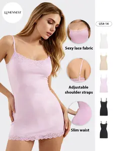 LUMENNEST Lace Series Women's Spaghetti Strap Lace Trim Breathable Nightdress, Minimalist Solid Color Mini Dress, Seamless Lightweight Chic Nightdress
