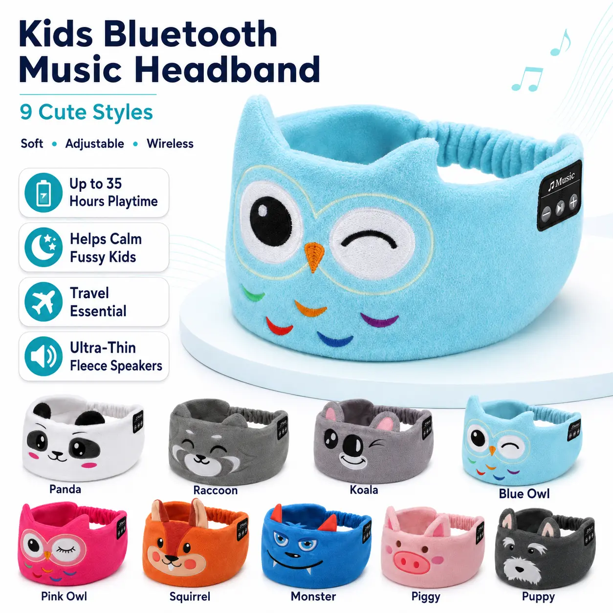 Kids Bluetooth Headband Headphones - Plush Fleece Wireless Music Headband with Ultra-Thin Speakers, 35H Playtime, Adjustable Soft Sleep Headphones for Boys & Girls