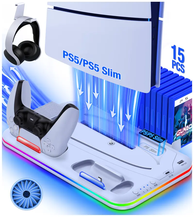 PS5 Stand and Cooling Station with Controller Charging Station for PS5 Slim, PS5 Accessories 3 Levels Cooling Fan, RGB Light, 15 Game Storage, Headset Holder for Playsation 5 Digital/Disc