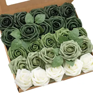 25pcs Artificial Forest Green Foam Rose with Stems, Fake Flower, Vintage Floral Decor, DIY Wedding Bouquet Bride Gift Center Flower Arrangement Party Table Home Decoration, Best for Christmas, Perfect for Thanksgiving