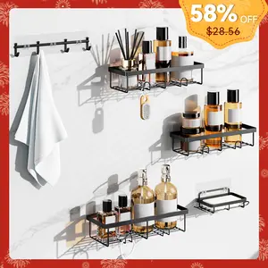 YASONIC Bathroom Accessories Set, Rust Proof Shower caddy，No Drill Bathroom Shower Organizers, with Removable Hooks and Soap Holder, Wall-Mounted Shower Holder, 2/3/5 Pack, Bright Black，Bathroom Storage Rack