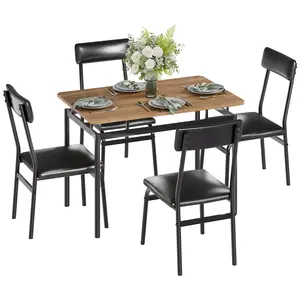 Dining Room Table Set for 4, Industrial Rectangle Kitchen Table and 4 PU Upholstered Chairs, 5-Piece Space-Saving Dining Room Furniture for Apartment, Studio, Restaurant
