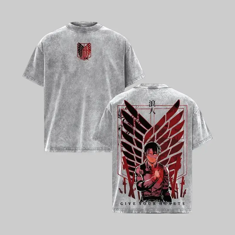"The Strongest Human Soldier" Levi Ackerman - Attack on Titan T-shirt Vintage Washed Oversized Anime Streetwear Heavy Cotton Unisex Tee Retro Gothic Gothic Graphic Top Gift For Manga Anime Fan