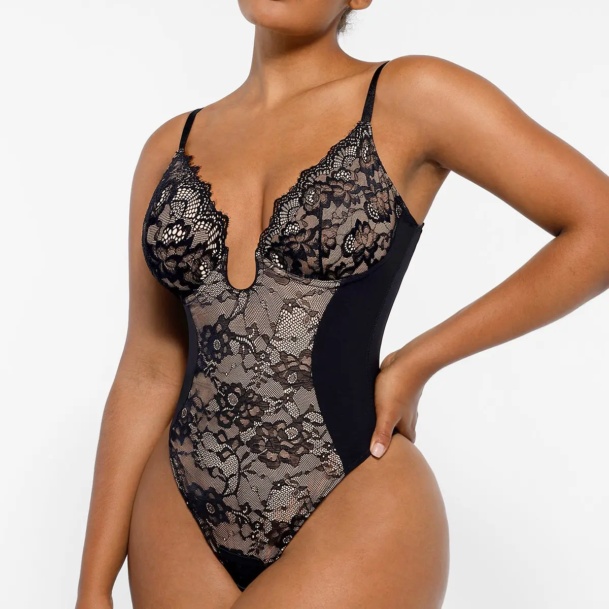 Shapellx Lace Glamour Supportive Plunge Thong Bodysuit Sexy Cute Womenswear Tops