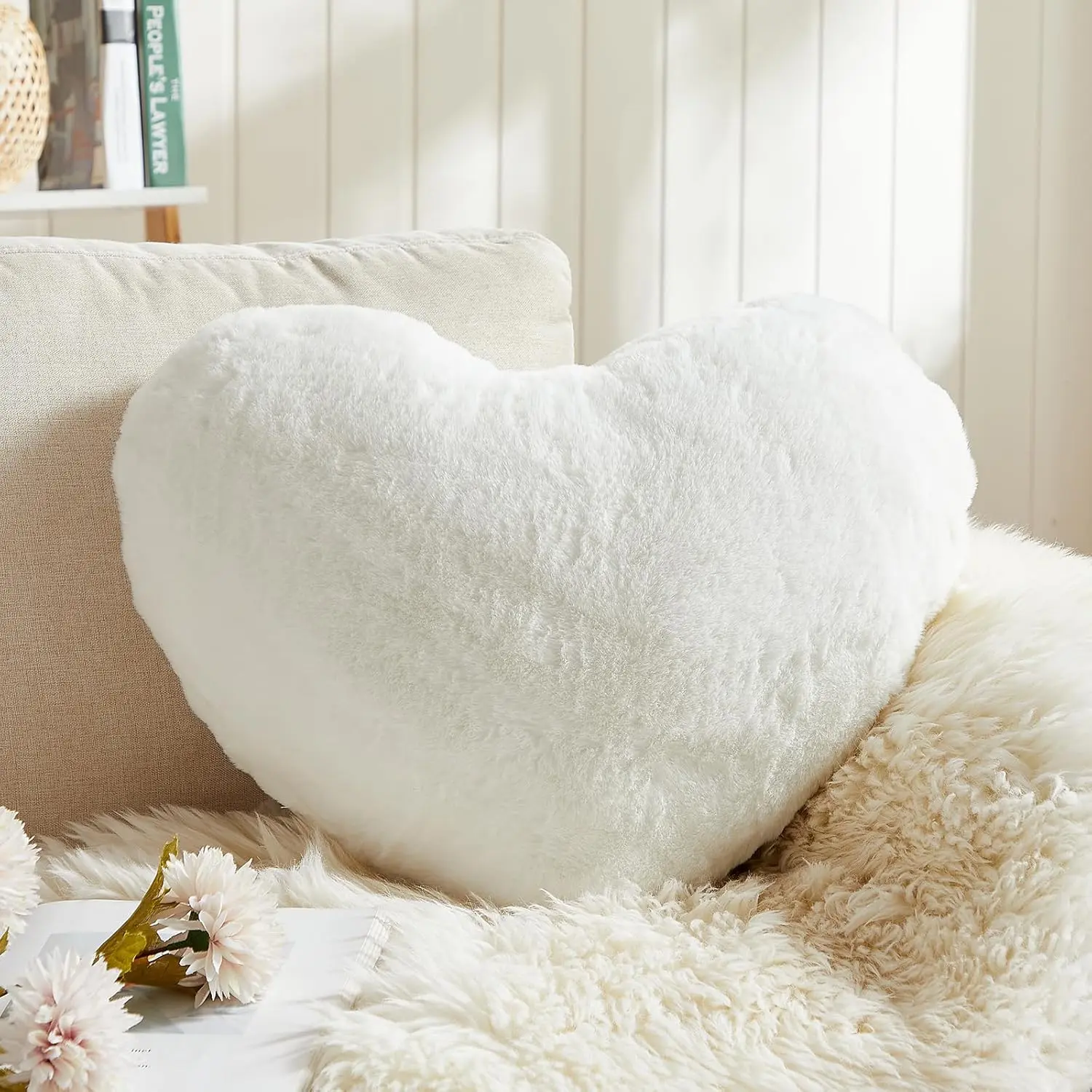 Heart Pillows, White Heart Pillows, Love Throw Pillows Gifts, Soft Faux Fur Small Cute Pillows, Girls Kid Room Decor 10x13 Inch