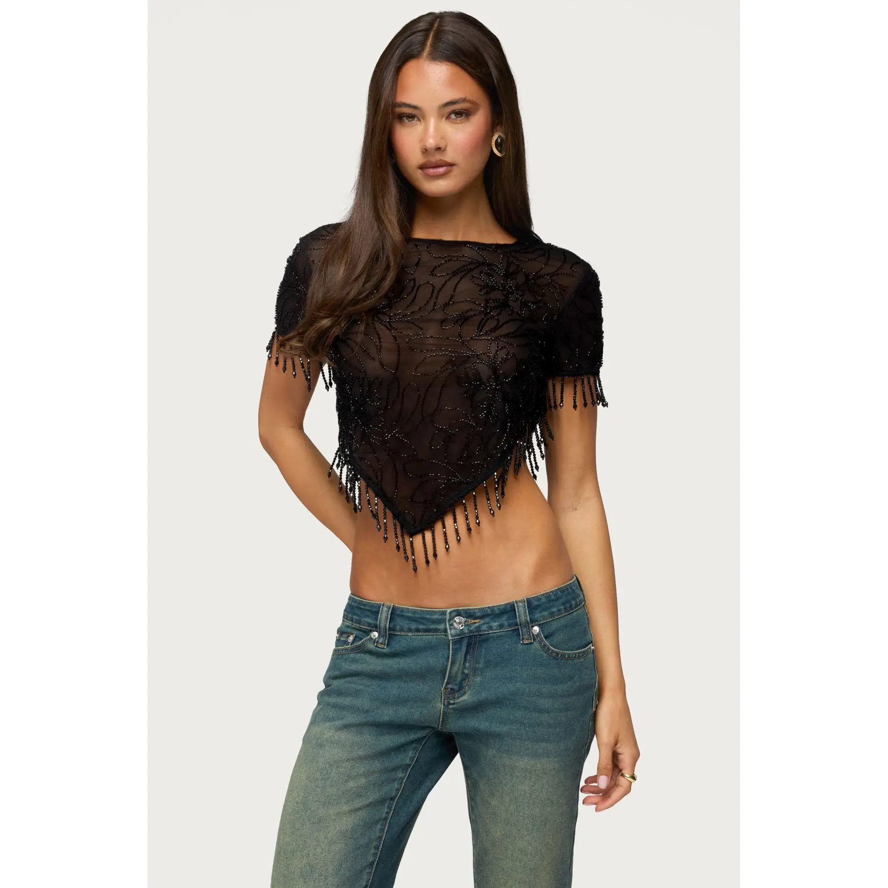 Yanna Beaded Fringe Poncho Top