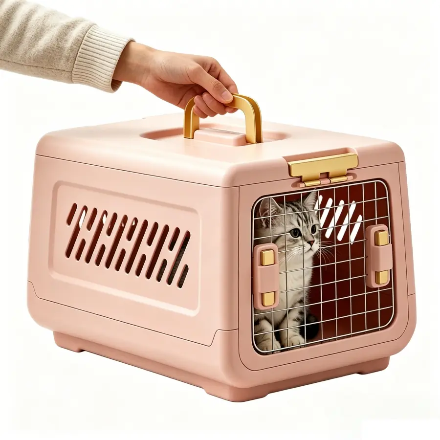 Pastel Modern Portable Pet Carrier - Airline Approved Hard-Sided Cat & Dog Travel Crate for Flights, Road Trips, Breathable Wire Mesh Ventilated Sides, Secure Door Lock (Pink/Gray/White), Plastic Shell, Dual Lock Doors, Dual-Side Spring Locks