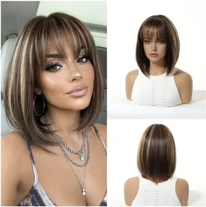Gradient Brown Wig with Highlights Bob Cut Air Bangs Short Straight Hair Natural Realistic Synthetic Fiber Full Head Wig 12 Inches Length